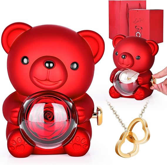 "Orsacchiotto dell'Amore con Rosa Eterna e Portagioie Girevole: Set con Collana Regalo per San Valentino, Matrimonio e Anniversario (Fidanzata, Mamma e Amiche)"