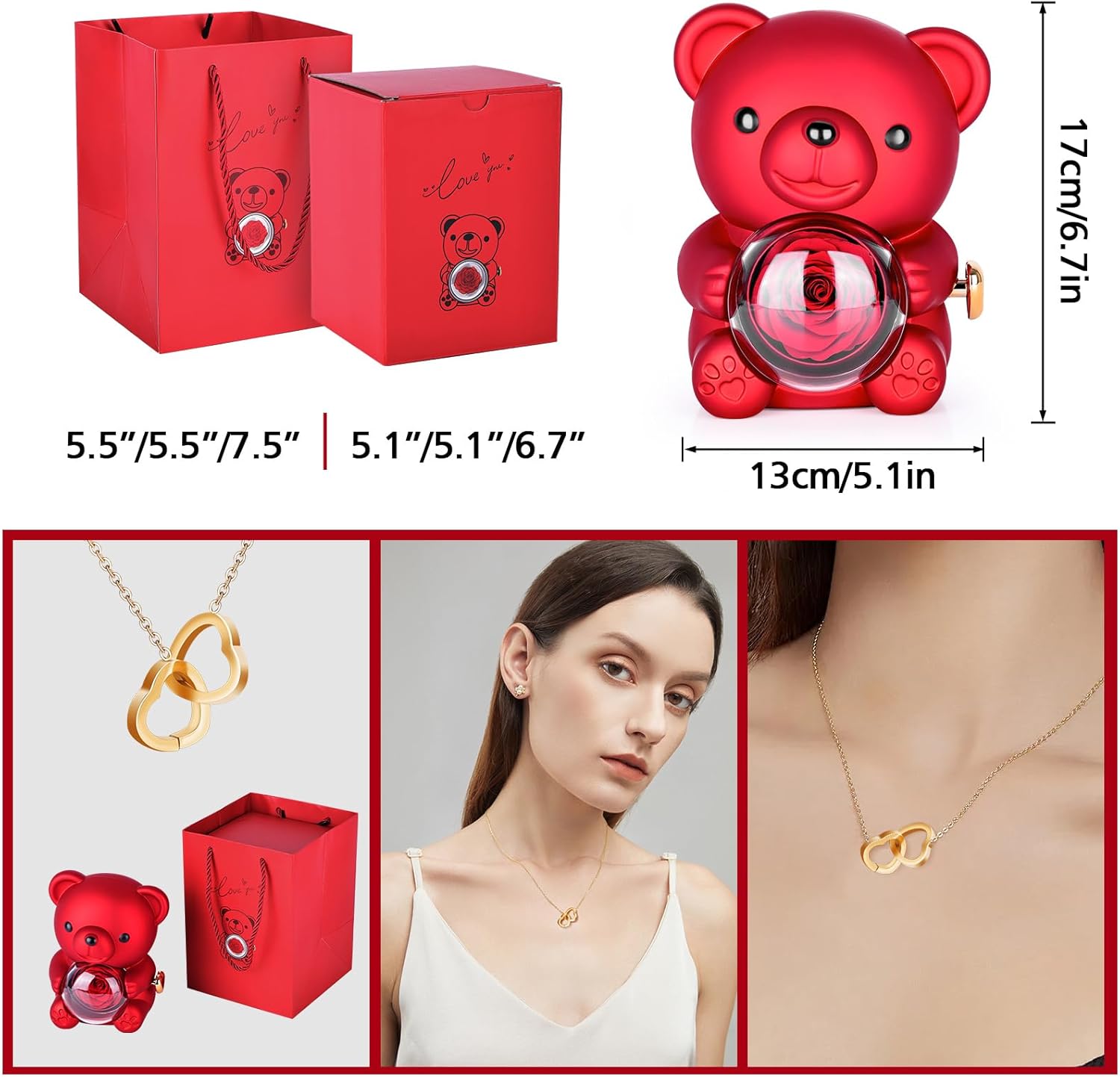 "Orsacchiotto dell'Amore con Rosa Eterna e Portagioie Girevole: Set con Collana Regalo per San Valentino, Matrimonio e Anniversario (Fidanzata, Mamma e Amiche)"